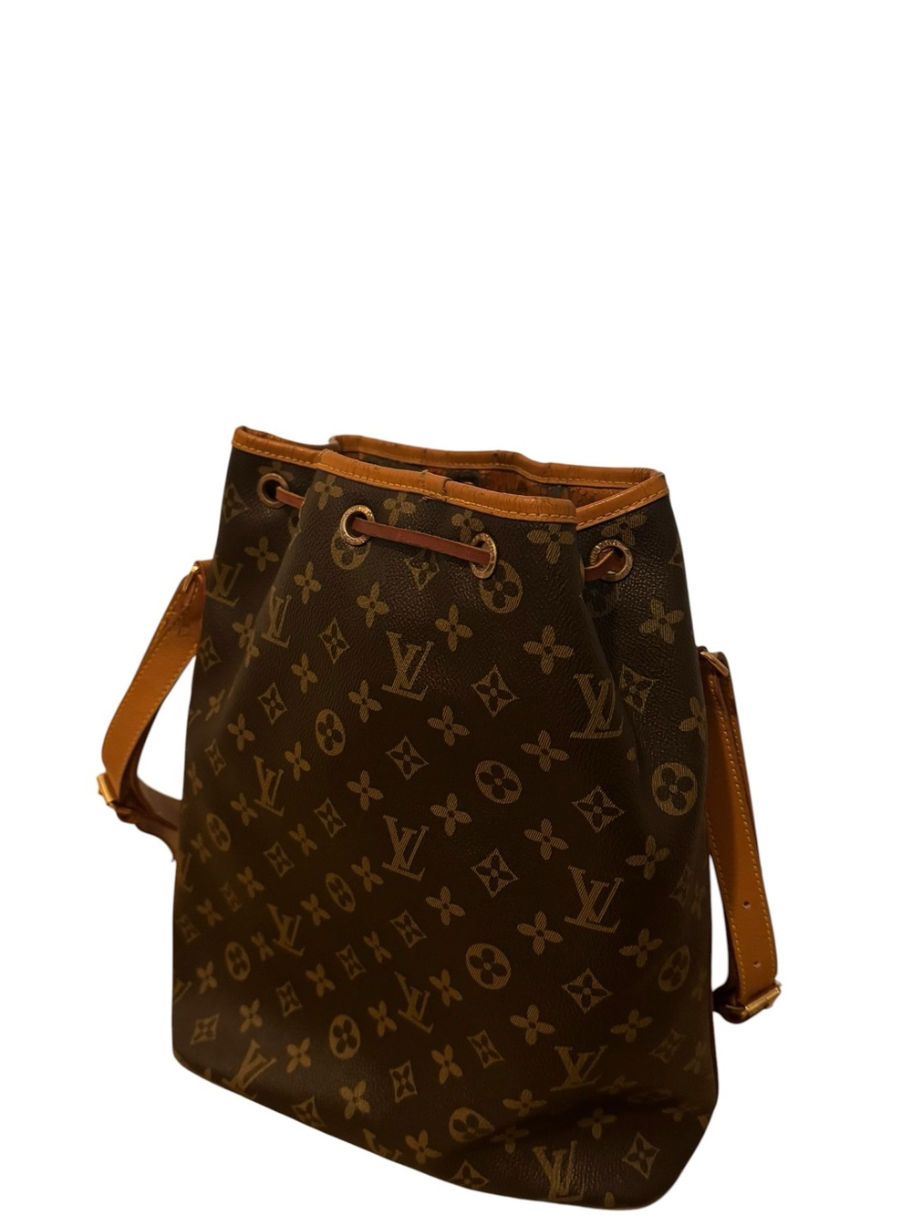 Designer Style Monogram Bucket Bag Brown Canvas & Leather Drawstring Crossbody - Picture 3 of 5